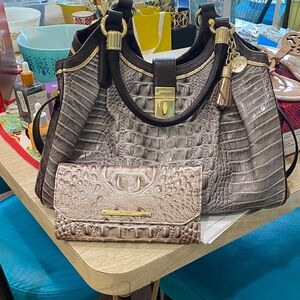 Brahmin Metallic Gray and brown Crocodile-Embossed Shoulder Bag and Wallet